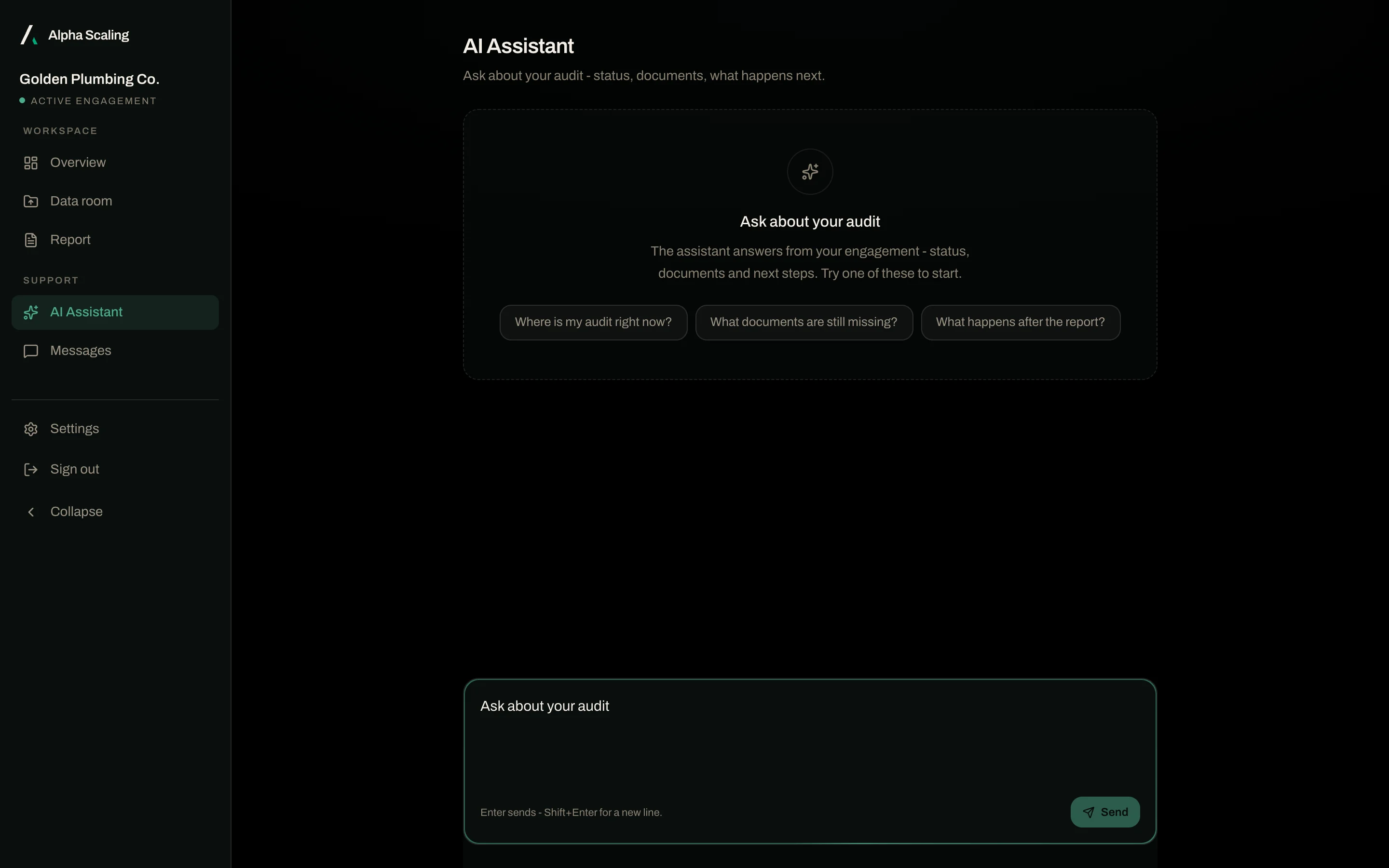 AI Assistant screen with suggested questions: Where is my audit right now? What documents are still missing? What happens after the report?