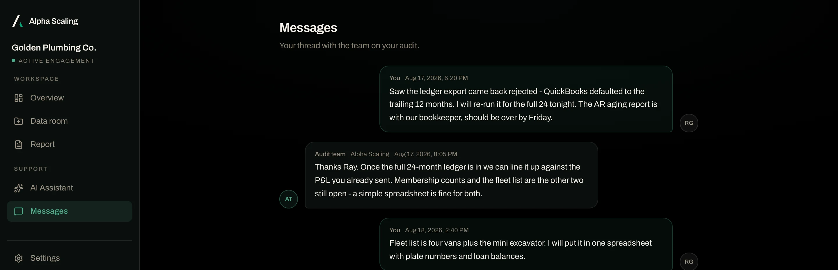 Messages screen: a conversation between the client and the audit team about a ledger export and fleet list